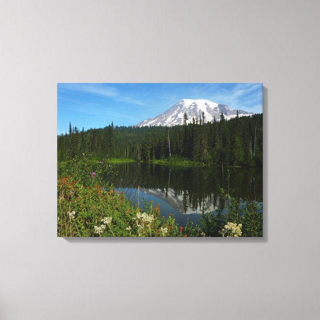Lienzo Reflejo del lago del Monte Rainier con flores silv (Anverso)