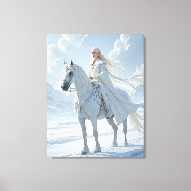 Lienzo Reina Elfa Cabalgando un Majestuoso Caballo Blanco (Anverso)