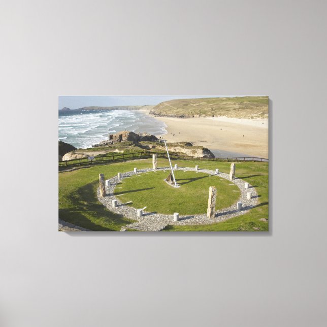 Lienzo Reloj de sol y Perran Beach, Perranporth, Cornuall (Anverso)