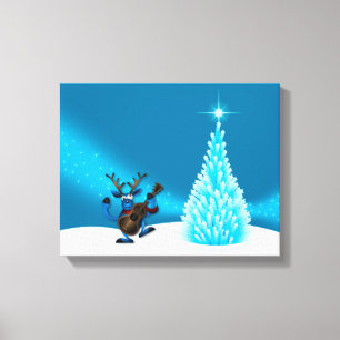 Lienzo Reno Bailando Guitarra Feliz Navidad Árbol Azul