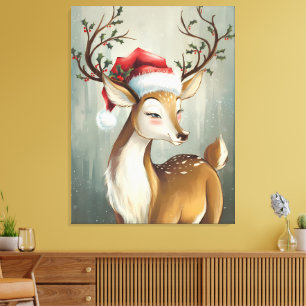 Lienzo Reno festivo con Holly y Santa Hat