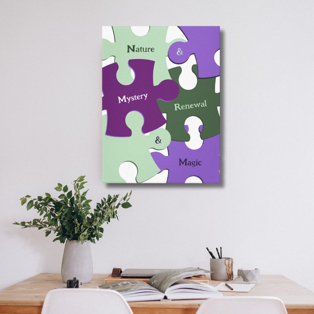 Lienzo Renovación de la naturaleza verde Púrpura Misterio (Green Nature Renewal Purple Mystery Magic Puzzle Canvas Print, Custom Text & Color)