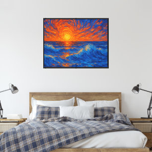 Lienzo Resumen de la puesta de sol sobre las olas del océ