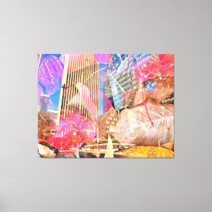 Lienzo Resumen superpuesto del paisaje urbano con hojas d