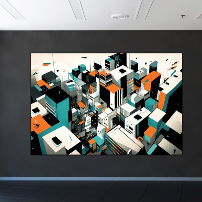 Lienzo Resumen urbano Aerial Cityscape Naranja Verde azul (Oversize Printed Canvas Modern Minimalist Urban Cityscape Roof Tops Teal Orange Black and White)