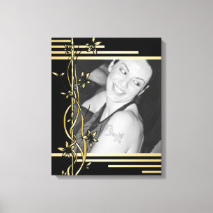 Lienzo Retrato de borde floral dorado negro envuelto