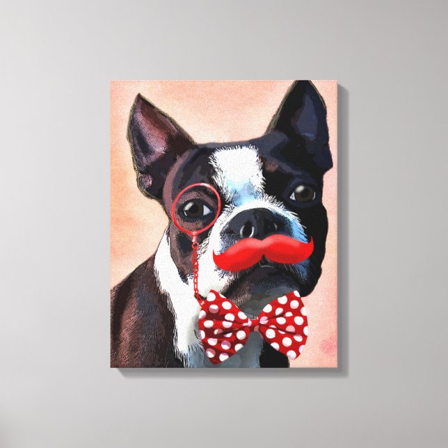 Lienzo Retrato de Boston Terrier con correa roja de vaca (Anverso)