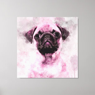 Lienzo Retrato de color de agua de perro de pug rosa 02