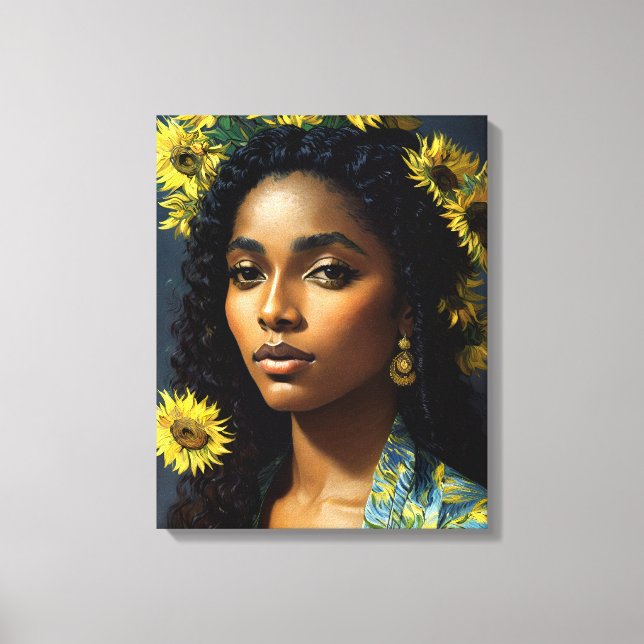 Lienzo Retrato de girasol de mujer negra estilo Van Gogh (Anverso)