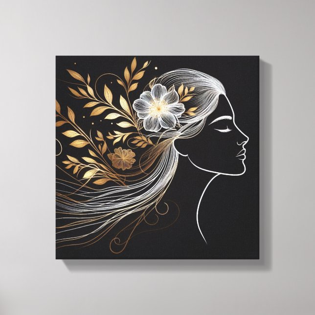 Lienzo Retrato de línea de cabello fluido botánico dorado (Anverso)