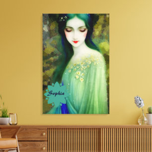 Lienzo Retrato elegante de mujer fantastica en verde y az