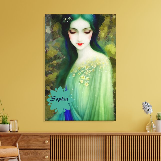 Lienzo Retrato elegante de mujer fantastica en verde y az (Insitu (Sala de estar))