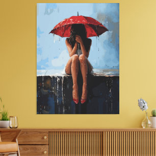 Lienzo Retrato Femenino Emocional con Paraguas Rojo