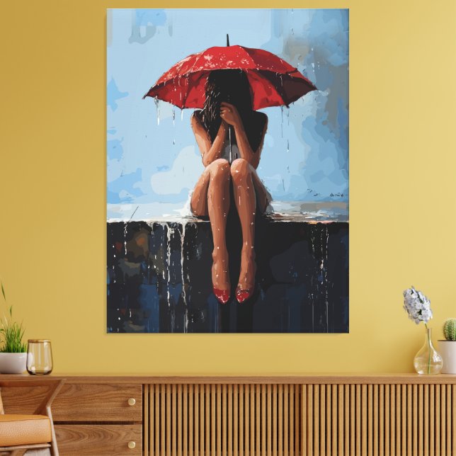 Lienzo Retrato Femenino Emocional con Paraguas Rojo (Insitu (Sala de estar))