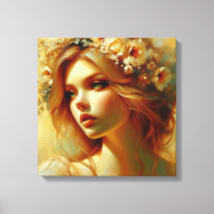 Lienzo Retrato floral de la diosa de la hora dorada en li