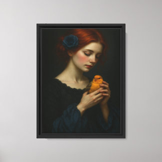 Lienzo Retrato romántico de niña con pájaro amarillo