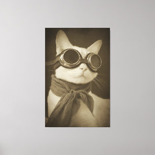Lienzo Retrato sepia de gato aviador steampunk