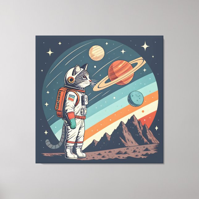 Lienzo Retro Cat Astronaut Cosmic Space Illustration (Anverso)