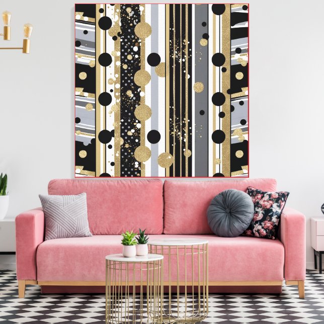 Lienzo Retro-modern, Black, Grey and Gold Polka Dots (Insitu (Sala de estar))