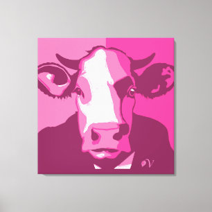 Lienzo Retro Muro Animal Pop Art Retrato De Vaca Rosa