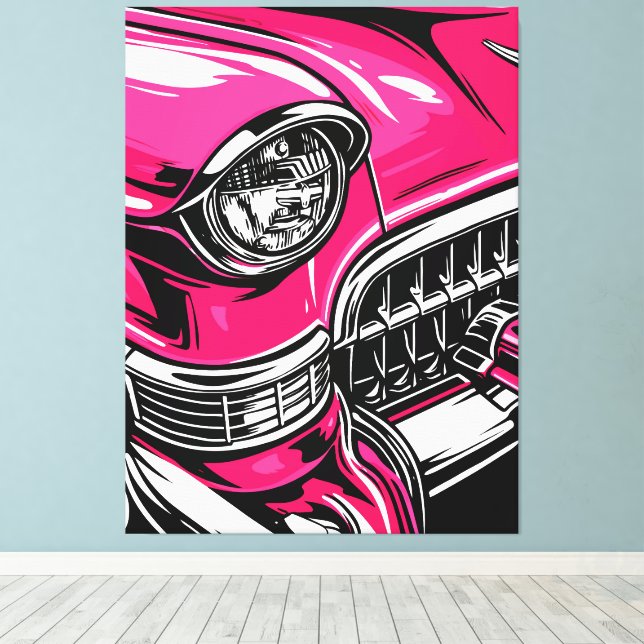 Lienzo Retro Pink Classic Car Front Pop Art Illustration (Insitu (piso de madera))