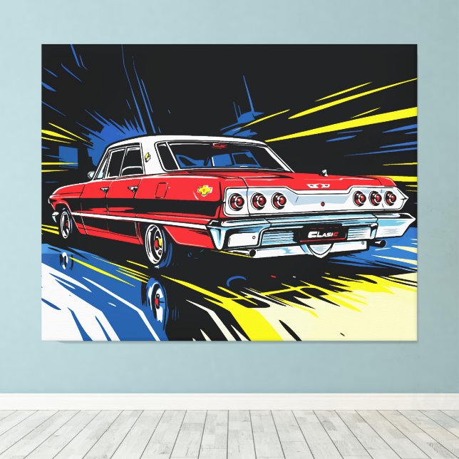 Lienzo Retro Red Muscle Car Side Pop Art Illustration (Insitu (piso de madera))