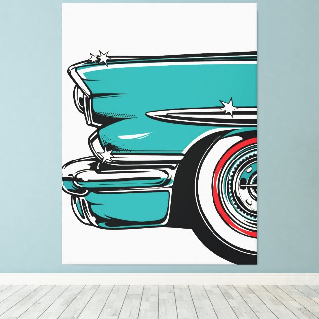 Lienzo Retro Teal Sports Car Front Pop Art Illustration (Insitu (piso de madera))
