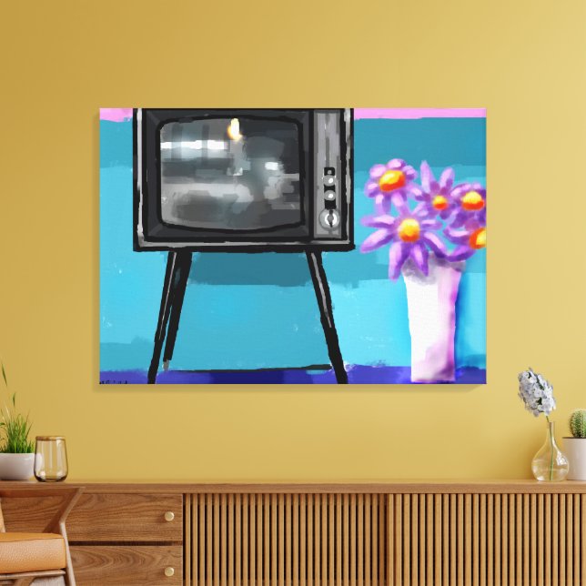 Lienzo Retro Televisor TV Set & Flower Arreglo Verde azul (Insitu (Sala de estar))