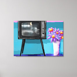 Lienzo Retro Televisor TV Set & Flower Arreglo Verde azul
