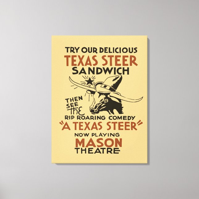 Lienzo Retro Texas Steer Sandwich y anuncio de teatro (Anverso)