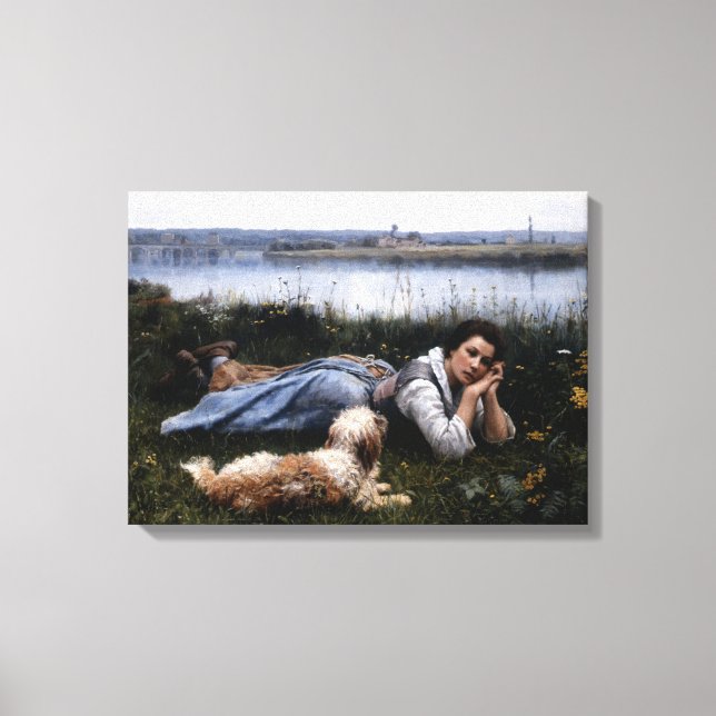 Lienzo Reverie (Chica que yace en la hierba con su perro) (Anverso)