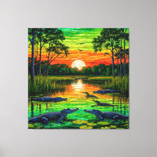 Lienzo Ribera del río bordeada de caimanes al atardecer