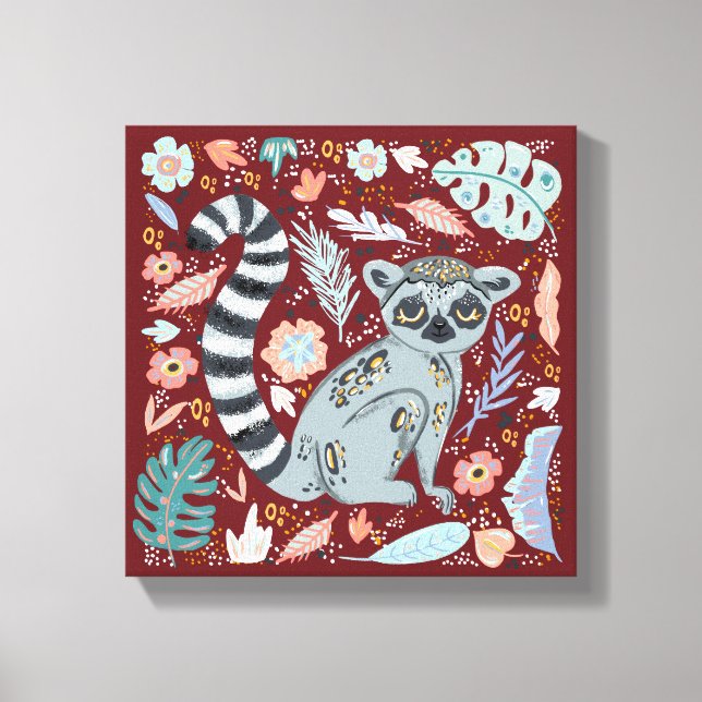 Lienzo Ring Tail Lemur Cute Floral (Anverso)