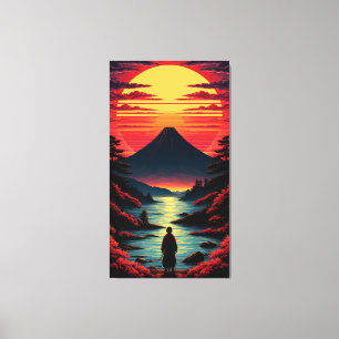 Lienzo Río al atardecer con volcán