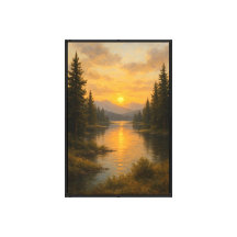 Río de puesta de sol dorado entre pinos