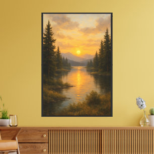 Lienzo Río de puesta de sol dorado entre pinos