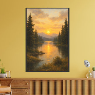 Lienzo Río de puesta de sol dorado entre pinos