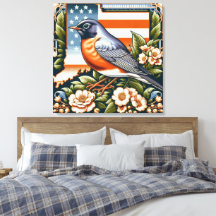 Lienzo Robin y Flor Americanas de estilo Art Deco