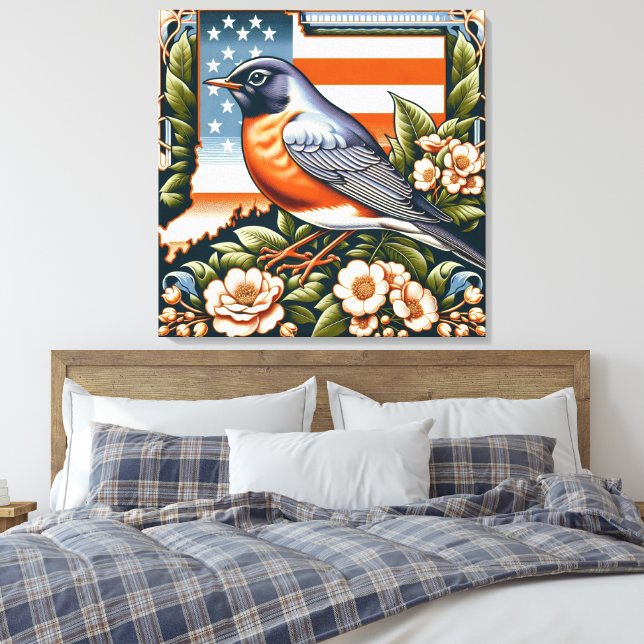 Lienzo Robin y Flor Americanas de estilo Art Deco (Insitu(Dormitorio))