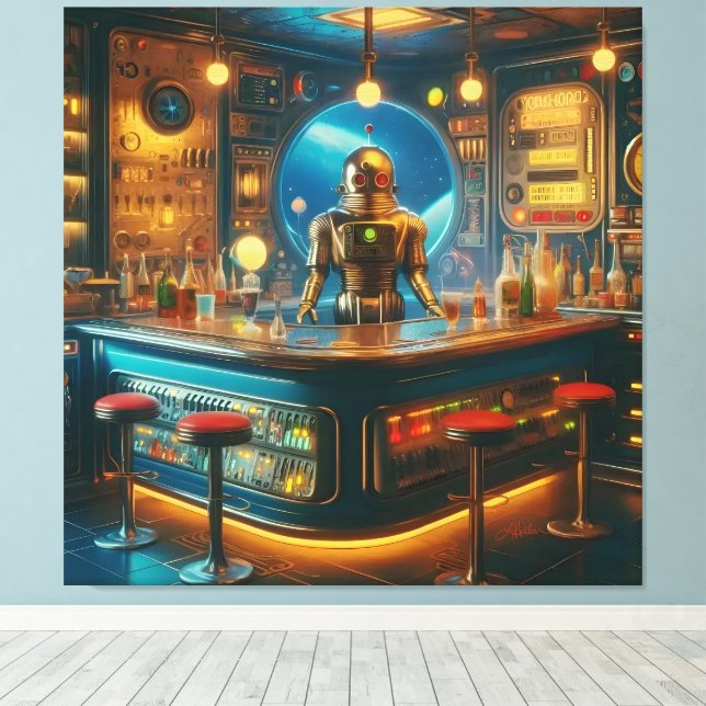 Lienzo Robot Bartender in Interstellar Space Age Dive Bar (Insitu (piso de madera))