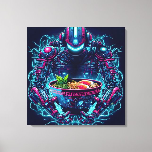 Lienzo Robot de ciberpunk futurista con ramen de comida n (Anverso)
