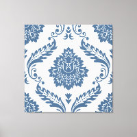 Rococo Damask Patrón Grande Azul sobre Blanco