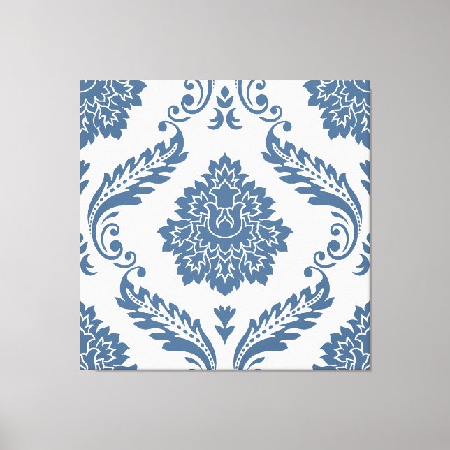 Lienzo Rococo Damask Patrón Grande Azul sobre Blanco (Anverso)