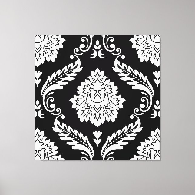 Lienzo Rococo Damask Patrón Grande Blanco sobre Negro (Anverso)