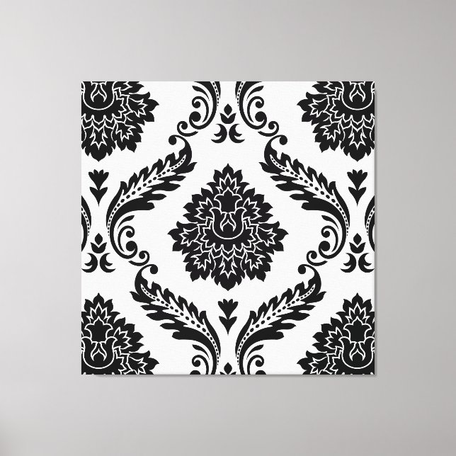 Lienzo Rococo Damask Patrón Grande Negro sobre Blanco (Anverso)