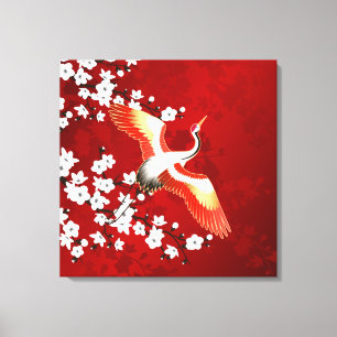 Lienzo Rojo de la flor de cerezo blanco de la grúa japon