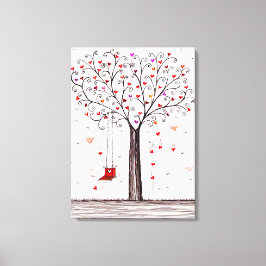 LIENZO ROMÁNTICO ÁRBOL DE CORAZÓN ROJO DE TINTA NEGRA CON
