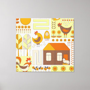 Lienzo Rooster, gallinas, dibujo floral geométrico.