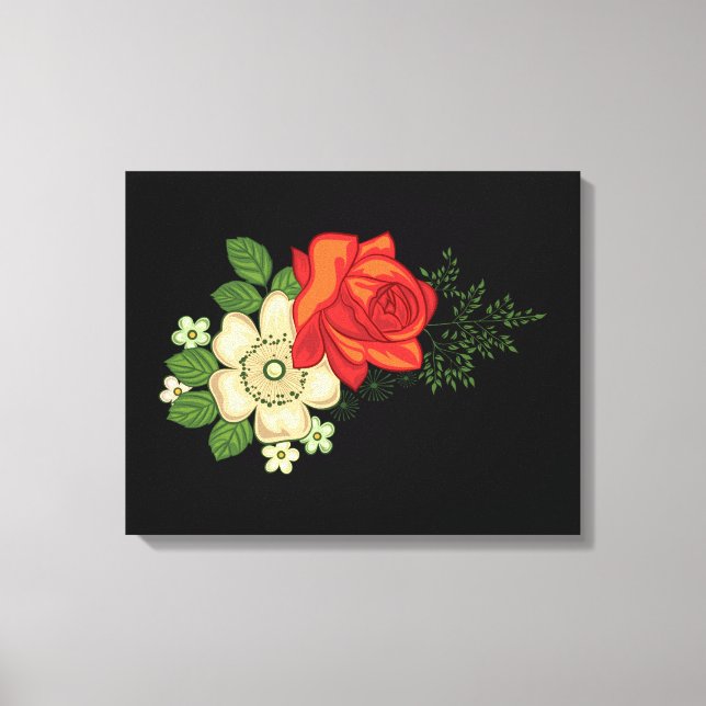 Lienzo Rosa Roja y Margaritas Fondo Negro (Anverso)