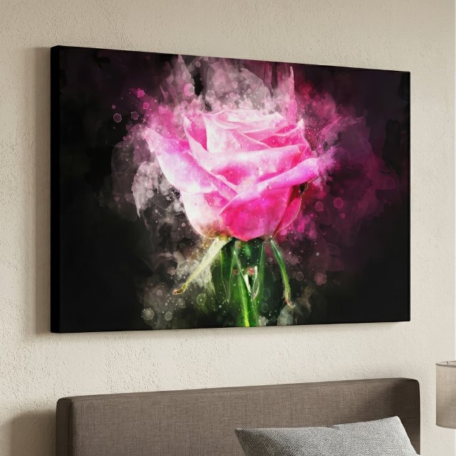 Lienzo Rosa rosa acuarela sobre fondo negro (Pink Rose Watercolor on Black Background. Canvas Print )
